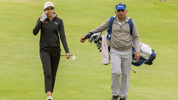 Diksha with her father and Caddie, Col N Dagar at Women's South African Open