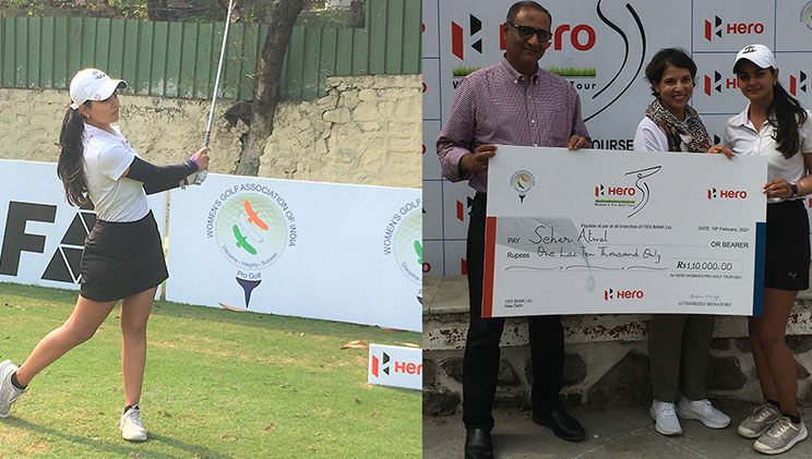 Seher Atwal in action and on right gets her cheque from Mr. Andrew Pinto, Chairman, Tournaments PCGC and Mrs. Padmaja Shirke, Lady Captain, PCGC