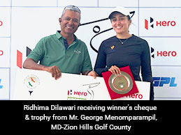 Ridhima Dilawari receiving winner's cheque & trophy from Mr. George Menomparampil, MD-Zion Hills Golf County