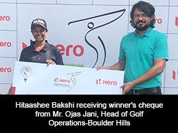 Hitaashee Bakshi receiving winner's cheque from Mr. Ojas Jani, Head of Golf Operations-Boulder Hills