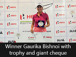 Winner Gaurika Bishnoi with trophy and giant cheque
