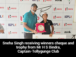 Rhea Purvi Saravanan receiving winners cheque and trophy from Mr D B Sundar Ramam, Captain-Golmuri GC