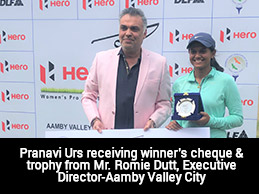 Pranavi Urs receiving winner's cheque & trophy from Mr. Romie Dutt, Executive Director-Aamby Valley City