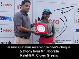 Jasmine Shekar receiving winner's cheque & trophy from Mr. Nooralla Patel-GM, Clover Greens